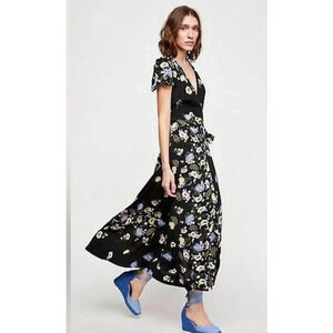 Free People Women Black Floral Print Short Sleeve V-Neck Wrap Maxi Dress Size SP